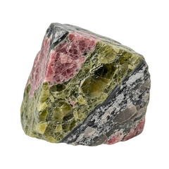 Rough unakite rock, green and pink, isolated on transparent background, realistic metamorphic stone, sharp focus. Ideal for geology, crystal healing, natural decor, wellness branding,