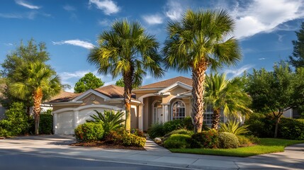 Fototapeta premium Beautiful Florida Home with Lush Landscaping and Palm Trees.