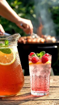 Iced tea pitcher and raspberry drink on a wooden table outdoors