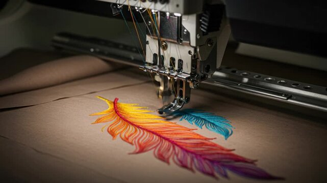 Automated embroidery machine crafts vibrant feather designs onto fabric with precision detail