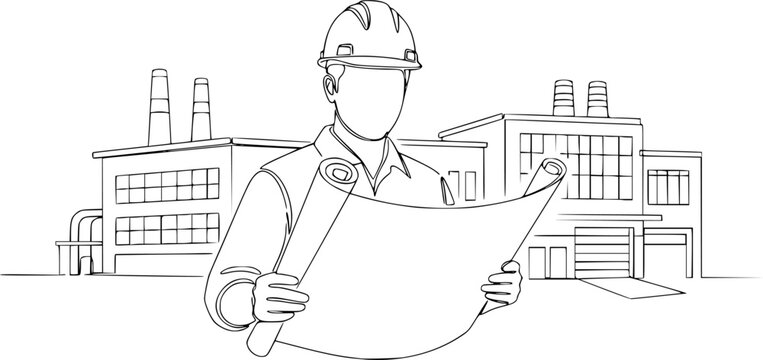 Drawing of an engineer in a hard hat with a blueprint in front of a factory in one line art style. Illustration with editable stroke. Vector illustration