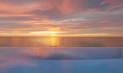 Fototapeta premium Vibrant sunset over ocean with infinity pool reflection, tranquil luxury scene