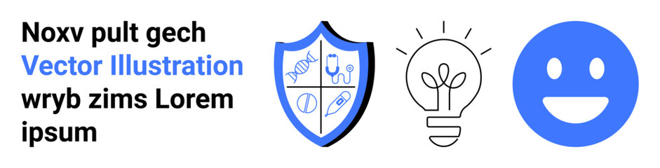 Obraz premium Healthcare, innovation, education, safety, wellness, positive emotions. Shield with medical icons, lightbulb symbol smiling face. Healthcare and innovation through symbols
