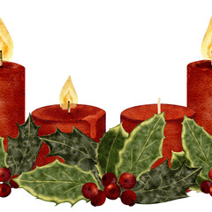 Three Christmas candles, holly leaves, red berries. Watercolor seamless border isolated on white ideal for holiday decor, seasonal packaging, invitations, festive design projects. Winter botanical