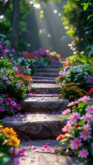 Fototapeta premium Stone Stairway Lined With Vibrant Colorful Flowers Bathed In Soft Morning Sunlight In A Lush Green Garden Pathway