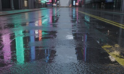 Obraz premium Vibrant neon reflections on wet city street after rain at night, urban atmosphere