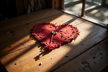 A red, heart-shaped object lies on a wooden table in warm sunlight near a window.