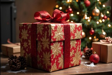 A large red and gold wrapped gift box with a bow sits on a wooden table in front of a decorated Christmas tree.