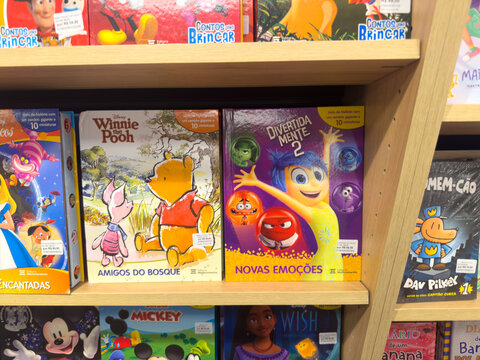 BELO HORIZONTE, MG, BRAZIL, DECEMBER 12, 2025 A vibrant display of popular children's books fills a retail shelf, inviting young readers into worlds of imagination and adventure.