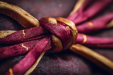 A close-up shows a decorative maroon and gold fabric knot.