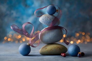 Smooth stones stacked in a small tower are decorated with blue Christmas ornaments and a pink ribbon against a softly lit, festive background.