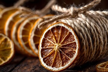 Dried orange slices wrapped with rustic twine lie on a wooden surface.