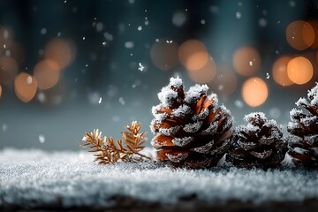 Snow-dusted pine cones rest on a snowy surface as soft lights glow warmly in the blurred background.