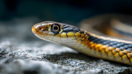Obraz premium Close-up of a colorful ribbon snake basking on a rock.