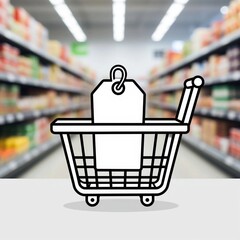 A shopping cart with a blank price tag in a supermarket aisle