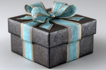 A small dark gift box with blue ribbons sits on a plain light background.
