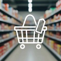 A shopping cart graphic overlayed in a supermarket aisle filled with various products. It symbolizes consumerism and purchasing goods