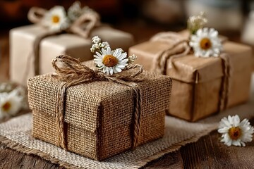 Three rustic gift boxes wrapped in burlap and twine are decorated with white daisies on a wooden table.