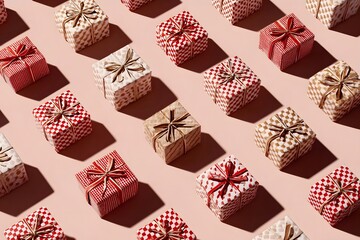 Rows of small, neatly wrapped gift boxes are arranged in a repeating pattern on a pink surface.