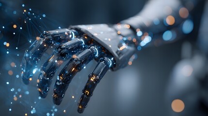 Close-up of a robotic hand with digital particles.