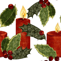 Two Christmas candles with holly leaves, red berries. Watercolor seamless border isolated on white perfect for holiday cards, seasonal packaging, decor, invitations, festive design projects. Winter