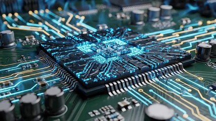 A mesmerizing closeup of a futuristic computer chip glowing with vibrant blue and yellow data streams illustrating advanced artificial intelligence highspeed processing and the intricate digital netw. - Powered by Adobe