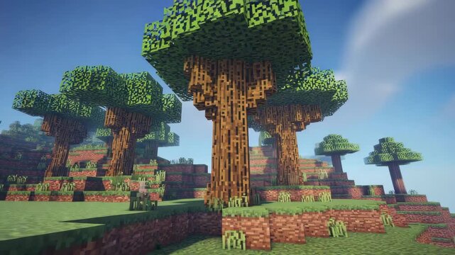 Generative AI. Blocky trees with pixelated trunks and lush green foliage are set against a vibrant sky in a digital landscape, showcasing a serene and imaginative environment