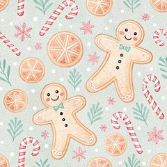 Fototapeta premium Watercolor seamless pattern with gingerbread men candy canes citrus slices and winter foliage on light blue
