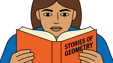 illustration of a person reading a book titled stories of geometry with a dark background and clean minimal design