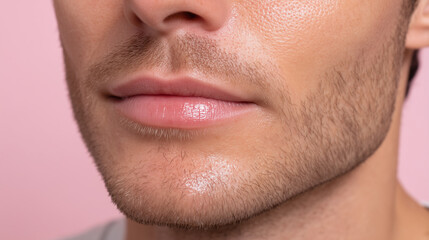 Fototapeta premium Close up of natural oily male sheen across jaw with crisp skin texture, light stubble, and soft pink lips, showing healthy complexion and subtle facial hair detail