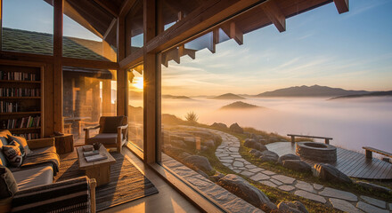 Luxurious interior of a mountain retreat featuring floor-to-ceiling glass windows, minimalist wooden furniture, and a panoramic view of a misty landscape at dawn.