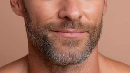 Fototapeta premium Close up of smiling man with sun kissed skin, soft golden warmth, visible skin texture, well groomed beard, and natural facial hair on neutral background