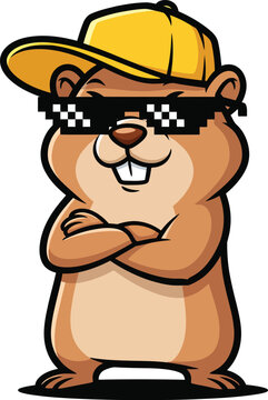 Cool cartoon groundhog mascot with arms crossed wearing a yellow cap and pixelated meme sunglasses.