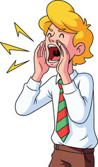 Expressive cartoon man with blonde hair and a red and green striped tie shouting loudly.