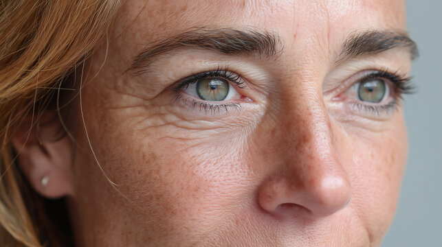 Close up of mature woman face showing natural skin texture, fine lines, mild swelling, and freckles, highlighting aging and healthy complexion with soft focus and neutral expression
