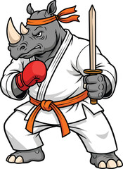 Fierce cartoon rhinoceros warrior in a white karate gi wearing a red boxing glove and holding a sword.