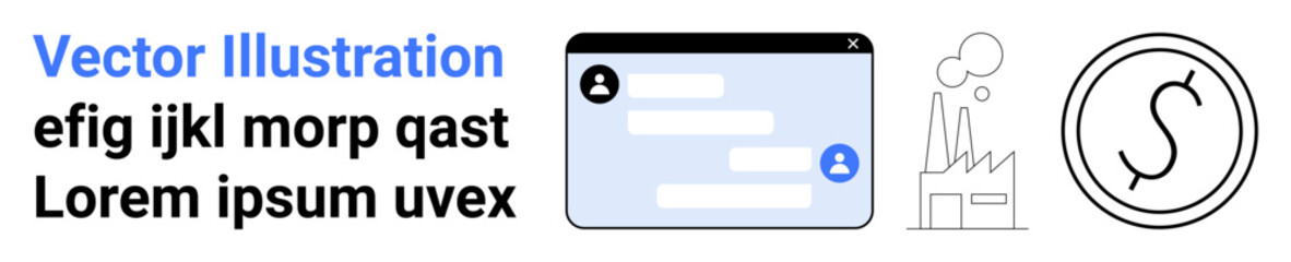Obraz premium Digital communication, business finance, industrial growth, technology, messaging, economic trade. Chat window with messages, coin icon and factory outline. Communication and business finance