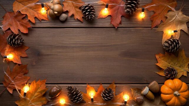 Autumnal Border with Leaves, Pinecones, and Pumpkins on Wooden Background