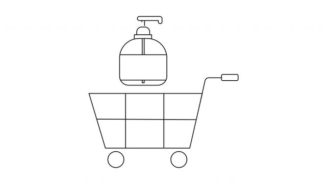Shopping cart holds a soap dispenser with a pump Simple black outline