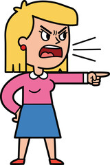 Furious cartoon woman with blonde hair shouting and pointing her finger accusingly.