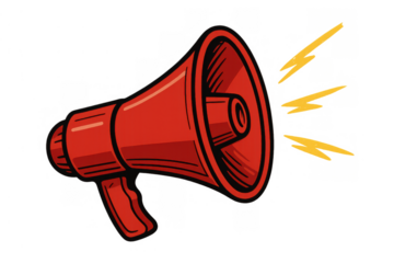 Red bullhorn announcing important messages, sharing vital information, making a loud sound, and calling for attention