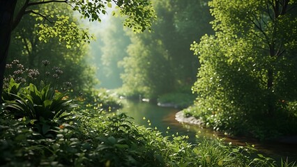 Fototapeta premium Serene Forest Stream with Lush Greenery and Foliage