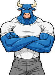 Muscular blue minotaur character with crossed arms wearing a white tshirt.