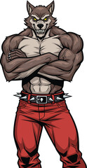 Muscular brown werewolf in red pants and a spiked belt posing with arms crossed in a comic book style.