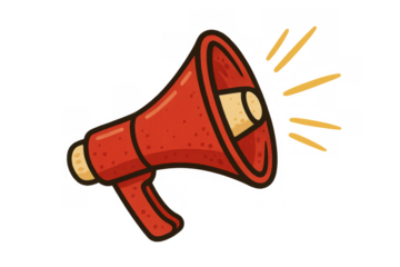 Red megaphone projecting sound waves, symbolizing public announcement, advertisement, marketing, and important news or information