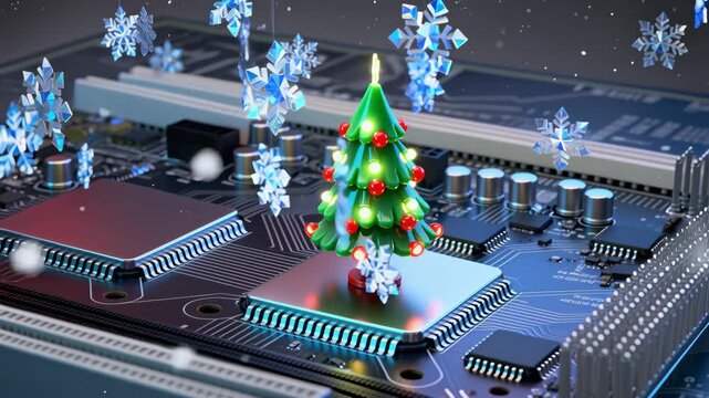 Christmas tree sits atop an electronic circuit board with glowing holiday lights and floating snowflakes. The composition blends technology and festive motifs with metallic tones and colorful reflecti