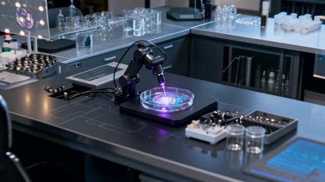 Robotic arm fabricates microelectronic biochip inside a petri dish under purple inspection light. Laboratory bench equipment and precision nozzle work on circuit patterns and sensor components in a st