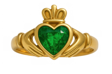 Golden claddagh ring showcasing an emerald heart, crown, and two hands. Representing love, loyalty, and friendship