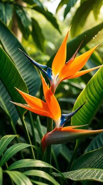 Vibrant Bird of Paradise flower in lush green setting