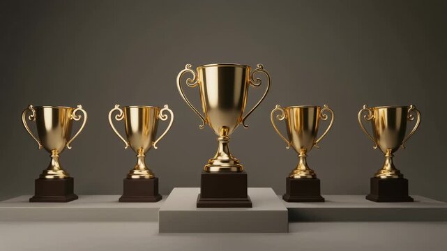Golden Trophies on Podium Steps, Award Ceremony, Achievement and Success
